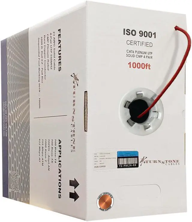 Main image of CAT6 Plenum (CMP) Cable, 100% Solid Bare Copper, 1000FT | 23AWG 4Pair, Solid 550MHz Network Cable Unshielded Twisted Pair (UTP) Red