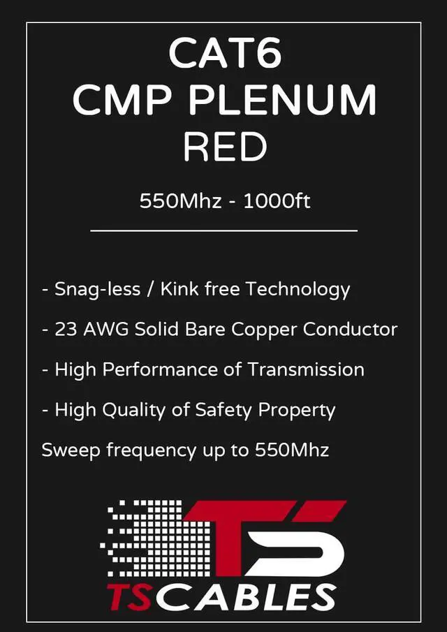 Alt view image 5 of 5 - CAT6 Plenum (CMP) Cable, 100% Solid Bare Copper, 1000FT | 23AWG 4Pair, Solid 550MHz Network Cable Unshielded Twisted Pair (UTP) Red