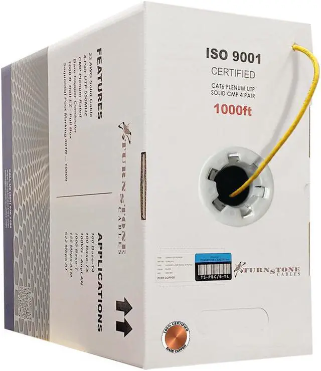 Main image of Bulk Cat6 Plenum 1000 ft Pure Copper 550 Mhz Solid CMP 23 Awg UTP Cable Yellow, Black, Blue, Green, Pink and Red