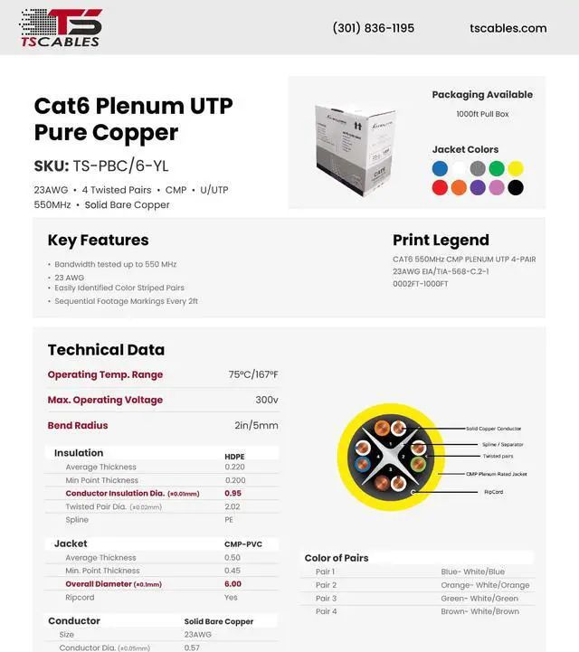 Alt view image 3 of 5 - Bulk Cat6 Plenum 1000 ft Pure Copper 550 Mhz Solid CMP 23 Awg UTP Cable Yellow, Black, Blue, Green, Pink and Red