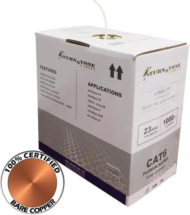 Alt view image 2 of 2 - CAT6 Plenum (CMP) Cable, 100% Solid Bare Copper, 1000FT | 23AWG 4Pair, Solid 550MHz Network Cable Unshielded Twisted Pair (UTP) White