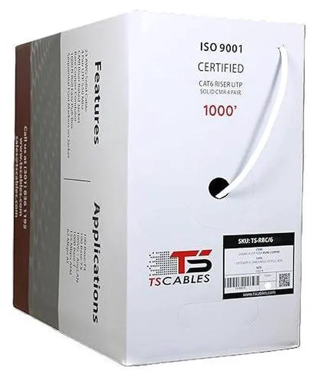 Main image of TSCables | Cat6 Riser (CMR) Bulk Ethernet Cable 1000ft, 23AWG Solid Bare Copper, 550MHz, PoE++ (4PPoE), High-Performance Network Cable, Unshielded Twisted Pair (UTP) (White, 1000ft)