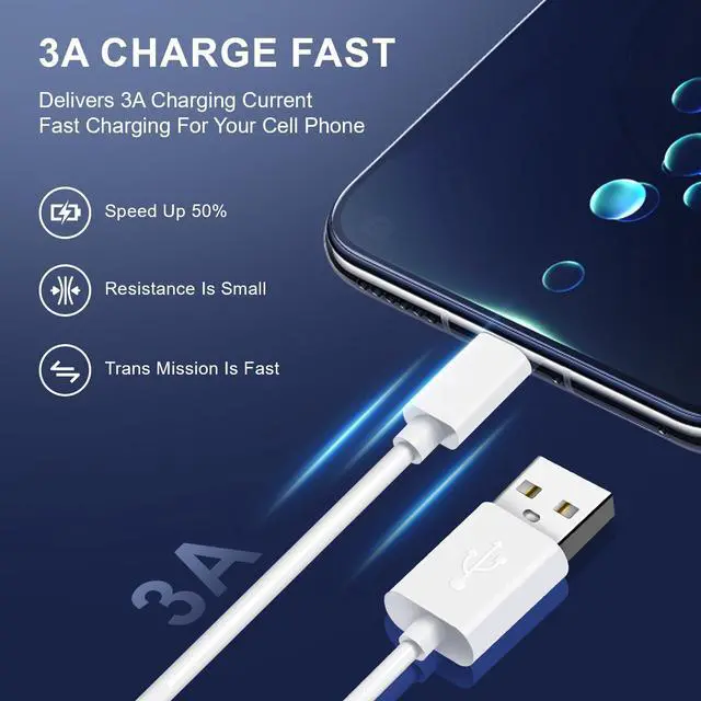 Alt view image 4 of 7 - 3 Pack USB A To Type C Charging Cable Power Cord Data Sync Lead For Samsung Galaxy S23 Ultra 5G S9 S10 S20 S21 S22 FE S23+ White 6 ft.