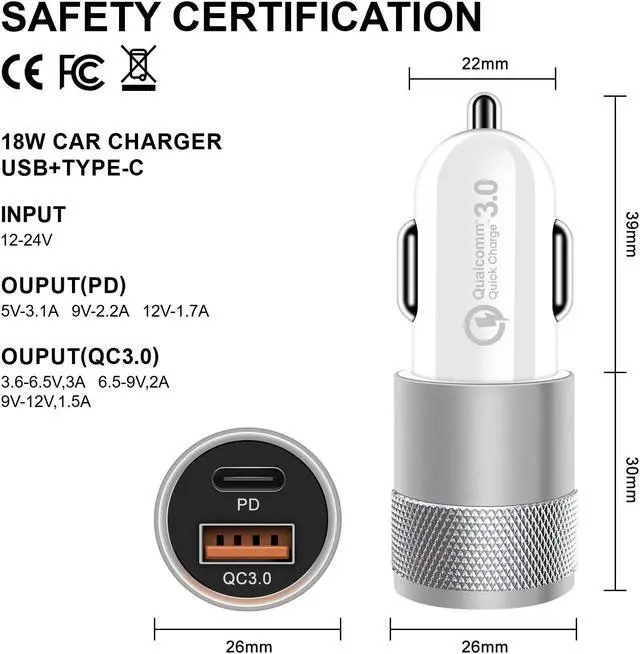Alt view image 2 of 7 - Fast USB + Type C Car Charger Power Adapter & USB-C To USB-C Charging Cable For iPhone 15 Pro Max Plus / Samsung Galaxy S23 S22 Ultra 5G S23+ A54 A34 A14 A03s /Google 8 7 6 Pro 8a 7a White 3 ft.