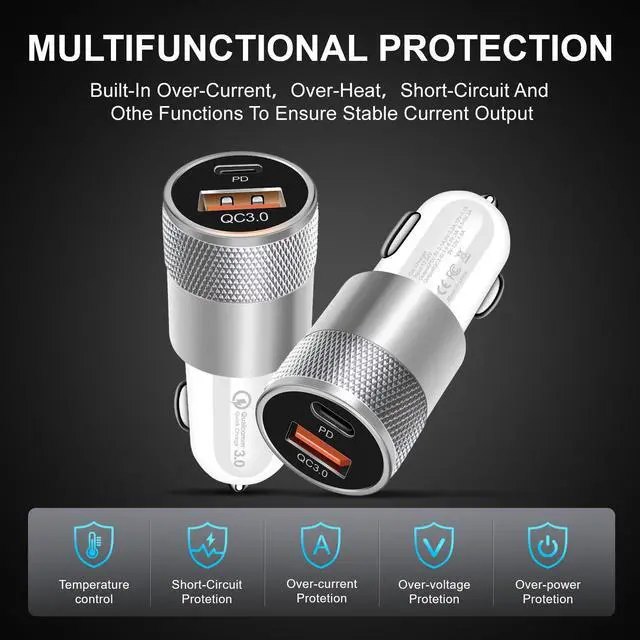 Alt view image 3 of 7 - Fast USB + Type C Car Charger Power Adapter & USB-C To USB-C Charging Cable For iPhone 15 Pro Max Plus / Samsung Galaxy S23 S22 Ultra 5G S23+ A54 A34 A14 A03s /Google 8 7 6 Pro 8a 7a White 3 ft.