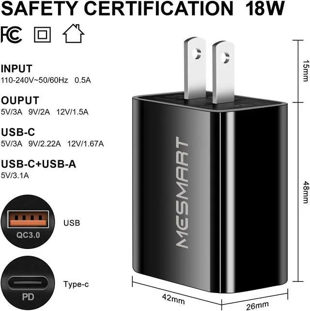 Alt view image 4 of 7 - Fast USB C Wall Charger Type C 2 Ports PD QC3.0 Quick Power Adapter Block US Plug For iPad Pro, Apple Watch,iPhone 15 14 13 12 11 Pro Max,Galaxy S23/S22,Note 20/10,Pixel 8 7 6 Pro,LG,Motorola,OnePlus
