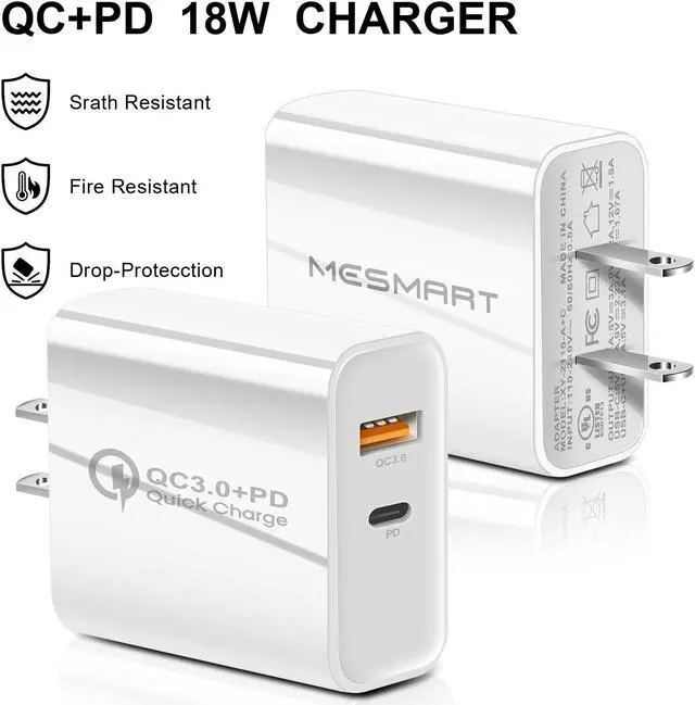 Alt view image 5 of 7 - 35W USB C Wall Charger Block, 2-Pack 2Port PD+QC Fast Power Adapter, Type C Charging Brick Cube Plug for iPhone 11/12/13/14/Pro Max, SE/XS/XR/X, iPad/AirPods Pro, Samsung, Google, Tablet, Android