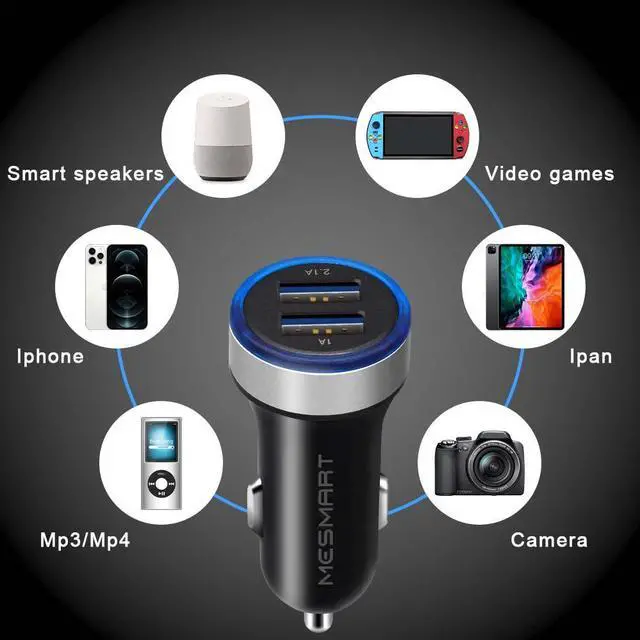 Alt view image 3 of 7 - Mesmart  2 Pack US LED Car Charger 3.1A Fast Charge Dual Port USB Lighter Adapter for iPhone 16 15 14 13 12 11 Pro Max X XR XS 8 Plus 6s, iPad, Samsung Galaxy S25 S24 S23 S22 S21 S10 Plus Z Fold Flip7