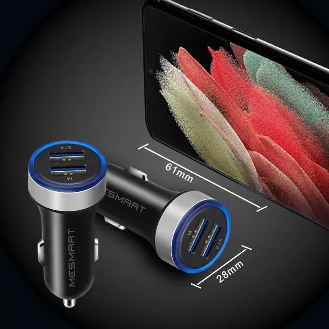 Alt view image 2 of 7 - Mesmart  2 Pack US LED Car Charger 3.1A Fast Charge Dual Port USB Lighter Adapter for iPhone 16 15 14 13 12 11 Pro Max X XR XS 8 Plus 6s, iPad, Samsung Galaxy S25 S24 S23 S22 S21 S10 Plus Z Fold Flip7