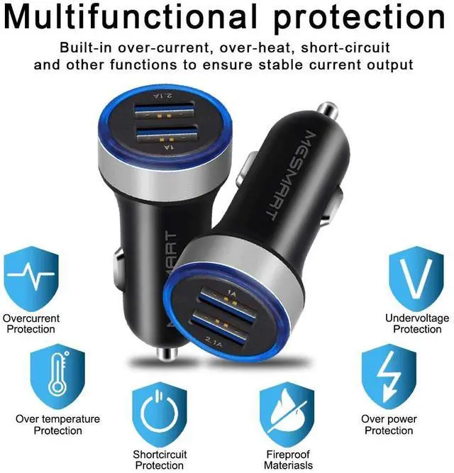 Alt view image 5 of 7 - Mesmart  2 Pack US LED Car Charger 3.1A Fast Charge Dual Port USB Lighter Adapter for iPhone 16 15 14 13 12 11 Pro Max X XR XS 8 Plus 6s, iPad, Samsung Galaxy S25 S24 S23 S22 S21 S10 Plus Z Fold Flip7