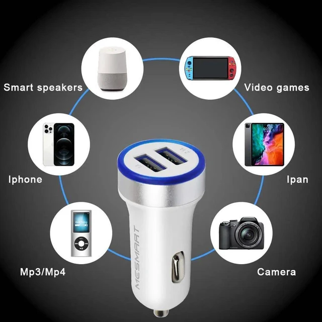 Main image of Mesmart 100 Pieces 2025 Upgrade US USB Car Charger 18 Watt Dual USB-C Car Charger Adapter Fast Charge Cigarette Lighter Adapter USB Charger Plug LED for iPhone /1716/15/14/13/12/Pro Max iPad Samsung