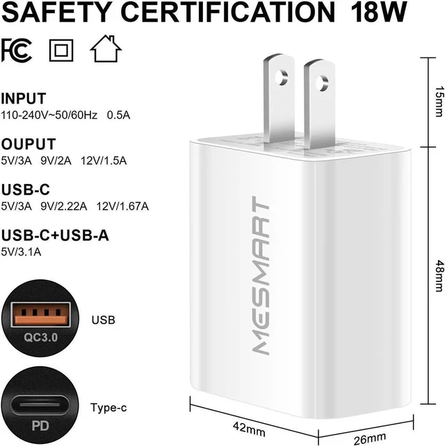 Main image of Mesmart 50 Pcs US 2 Port Fast Quick Charge QC 3.0 USB Hub Wall Home Charger Power Adapter White Wholesale Bulk Lot For Apple iPhone 16 15 14 13 12 Pro Max,Galaxy S25/S24,Pixel 9 8 7 Pro,LG,Motorola