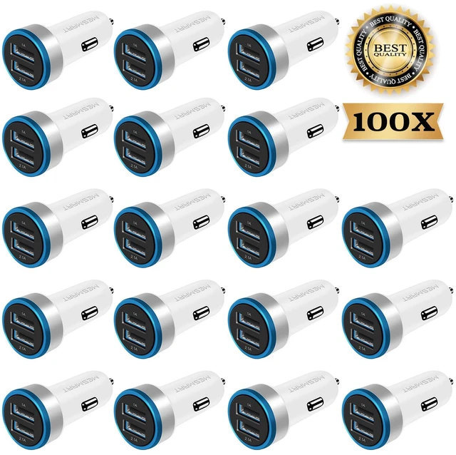 Main image of Mesmart 100 Pack 2026 Upgrade US USB Car Charger 18 Watt Dual USB-C Car Charger Adapter Fast Charge Cigarette Lighter Adapter USB Charger Plug LED for iPhone 17/16/15/14/13/12/11/Pro Max iPad Samsung