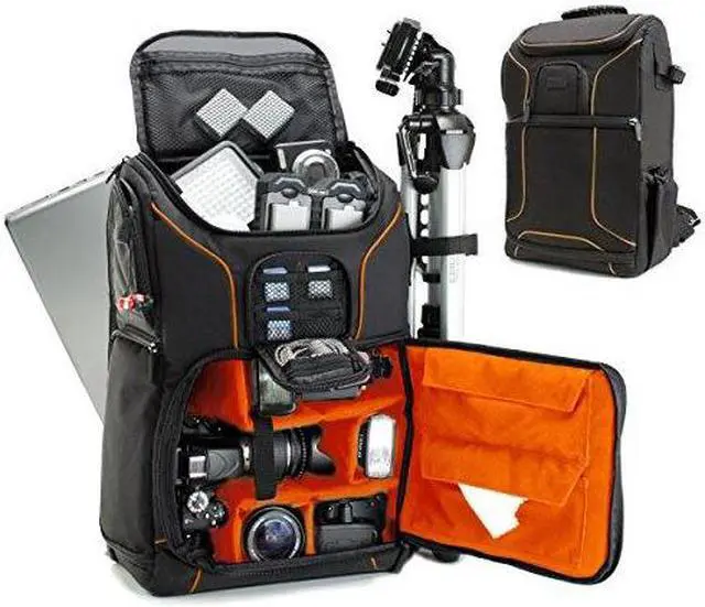 Alt view image 2 of 10 - Digital SLR Camera Backpack (Orange) with 15.6" Laptop Compartment by USA Gear features Padded Custom Dividers , Tripod Holder , Rain Cover and Storage for DSLR Cameras by Nikon , Canon , Sony