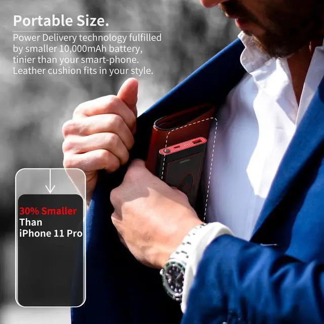 Alt view image 3 of 7 - VogDUO Power Go, 10000mAh Power Bank, USB-C, Ultra-Compact, Fast charging, External Battery for iPhone 14, 13, 12, 11 Pro Max Xs X 8 Samsung S10 Note 10 Pixel 4XL 3XL, iPad Pro 2019 and More, Black