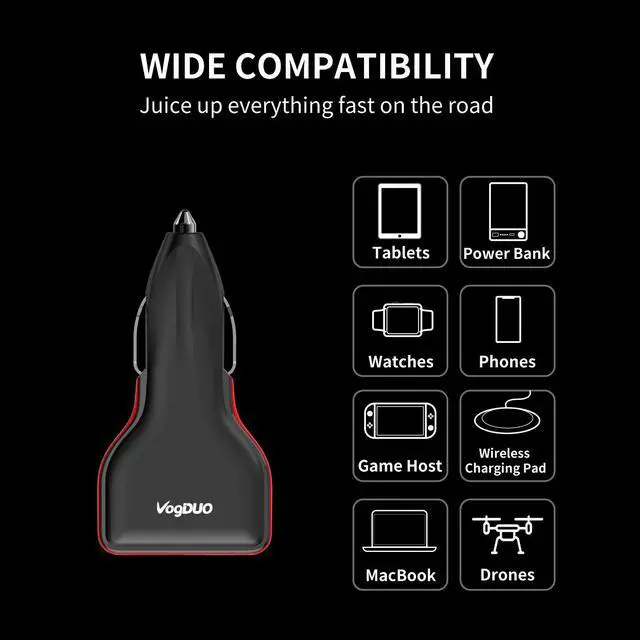 Alt view image 6 of 6 - VogDUO USB-C Car charger, 57W Power Delivery, Fast charging, USB C Cable, For iPhone 13 Pro/MacBook Pro/Nintendo Switch/iPad Air/ Pro/ AirPods- Black