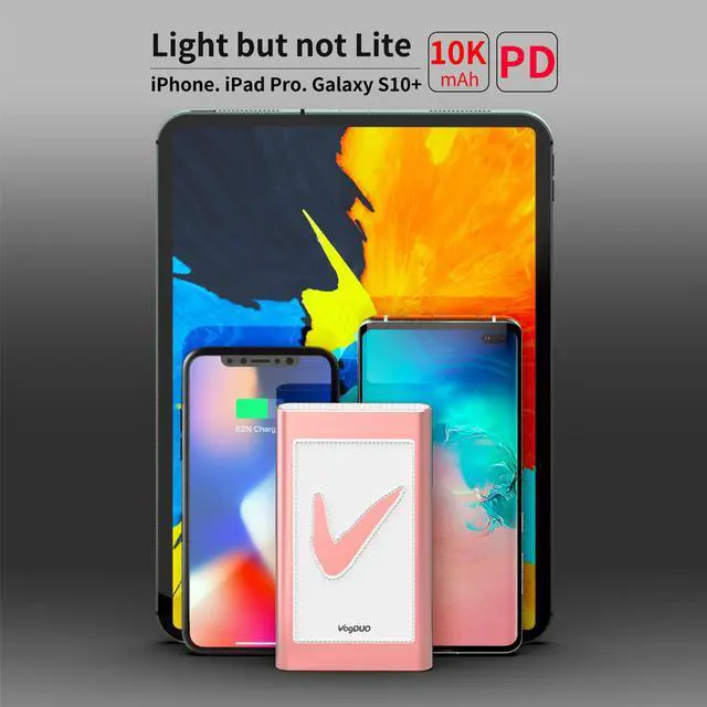Alt view image 4 of 7 - VogDUO Power Go, 10000mAh Power Bank, USB-C, Ultra-Compact, PD charging, External Battery for iPhone 14, 13, 12, 11 Pro Max Xs X 8 Samsung S10 Note 10 Pixel 4XL 3XL, iPad Pro 2019 and More, Rose Gold