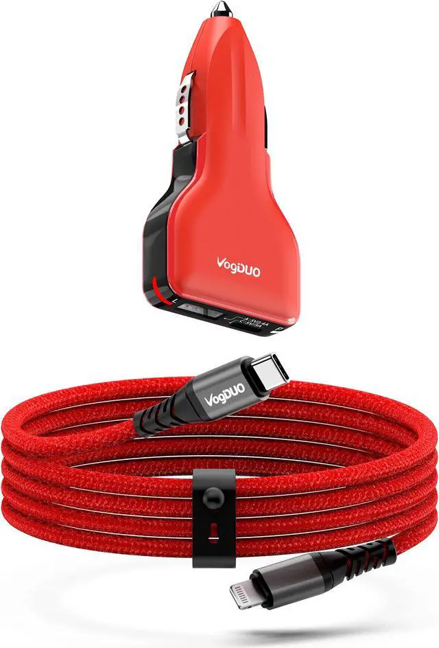 Main image of VogDUO Car Charging Kit, MFi certified 6.6ft USB-C to Lightning Cable, 57W Power Delivery Car Charger, Compatible with iPhone, iPad, AirPods, MacBook, Nintendo Switch, Go Pro, Powerbeats- Red