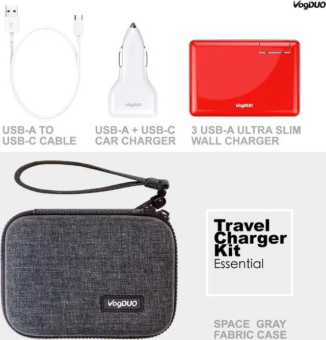 Main image of VogDUO Essential Charger Kit, Ultra-slim 30W 3-USB-port Wall Charger, USB Combo Car Charger, USB-A to USB-C Cable, Premium zipper case, compatible with iPhone series, Samsung Galaxy, Red and White