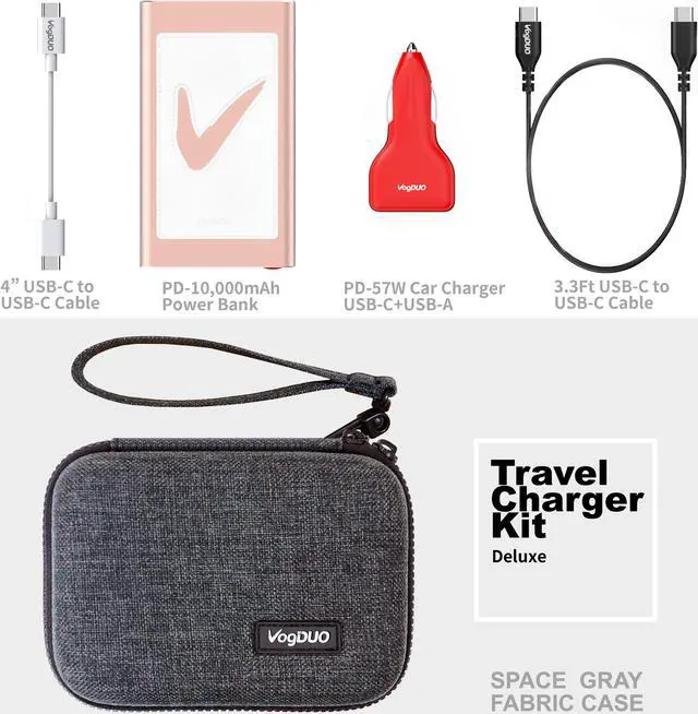 Main image of VogDUO Deluxe Charger Kit, 10000mAh Power Delivery Power Bank, 57W PD Car Charger, USB-C to USB-C cables, Premium zipper case, compatible with iPhone series, Samsung Galaxy, iPad, MacbBook, Rose Gold