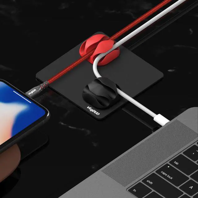 Alt view image 5 of 6 - VogDUO Cable Management, Matt black aluminum alloy pad, 4 silicone cable-managements, washable PU pad, compatible with smart-phone cable, Alexa, Google Nest mini, HomePod, iMac, car charging cable.