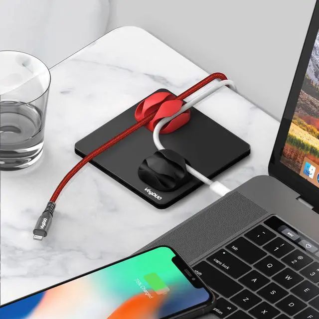 Alt view image 4 of 6 - VogDUO Cable Management, Matt black aluminum alloy pad, 4 silicone cable-managements, washable PU pad, compatible with smart-phone cable, Alexa, Google Nest mini, HomePod, iMac, car charging cable.