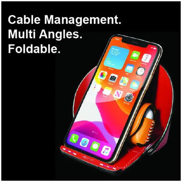 Alt view image 2 of 7 - VogDUO- Genuine Leather Stand, smart-phone stand, MagSafe Charger cable-secured design, Foldable, lightweight, multi-angle, Compatible with iPhone 13, Google Pixel, Samsung Galaxy, Red