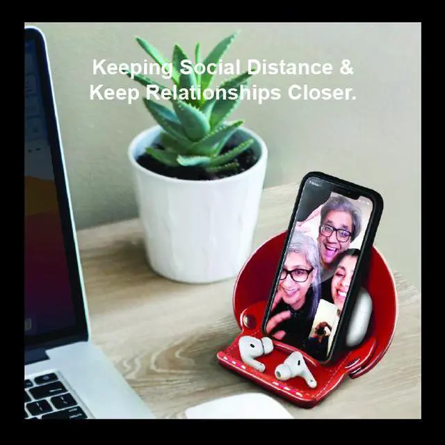 Alt view image 3 of 7 - VogDUO- Genuine Leather Stand, smart-phone stand, MagSafe Charger cable-secured design, Foldable, lightweight, multi-angle, Compatible with iPhone 13, Google Pixel, Samsung Galaxy, Red