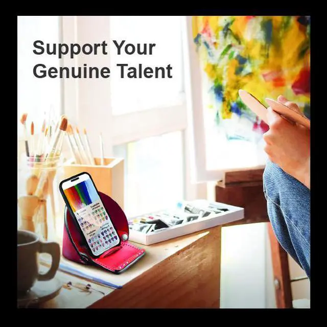 Alt view image 5 of 7 - VogDUO- Genuine Leather Stand, smart-phone stand, MagSafe Charger cable-secured design, Foldable, lightweight, multi-angle, Compatible with iPhone 13, Google Pixel, Samsung Galaxy, Red