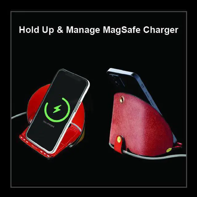 Alt view image 6 of 7 - VogDUO- Genuine Leather Stand, smart-phone stand, MagSafe Charger cable-secured design, Foldable, lightweight, multi-angle, Compatible with iPhone 13, Google Pixel, Samsung Galaxy, Red