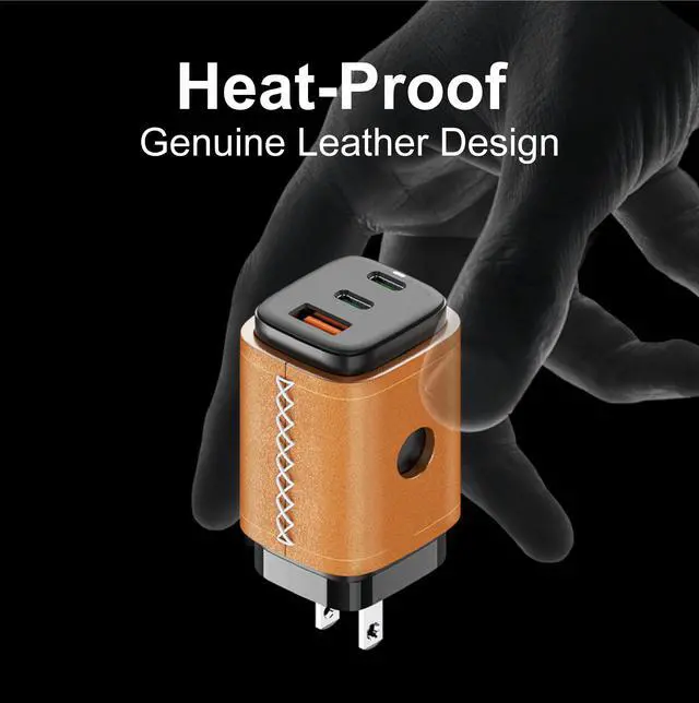 Alt view image 2 of 7 - VogDUO USB C Charger, 65W 3 Ports GaN, Fast Charging, Foldable Plug, Genuine Leather style, compatible with iPad, iPhone 13/13 Mini/13 Pro/13 Pro Max/12/11, Nintendo Switch, MacBook Pro