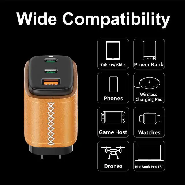 Alt view image 7 of 7 - VogDUO USB C Charger, 65W 3 Ports GaN, Fast Charging, Foldable Plug, Genuine Leather style, compatible with iPad, iPhone 13/13 Mini/13 Pro/13 Pro Max/12/11, Nintendo Switch, MacBook Pro