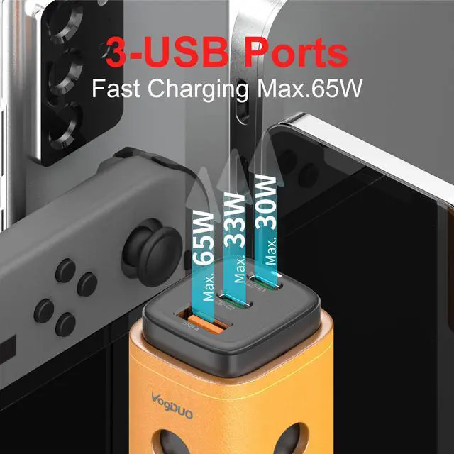 Alt view image 3 of 7 - VogDUO USB C Charger, 65W 3 Ports GaN, Fast Charging, Foldable Plug, Genuine Leather style, compatible with iPad, iPhone 13/13 Mini/13 Pro/13 Pro Max/12/11, Nintendo Switch, MacBook Pro