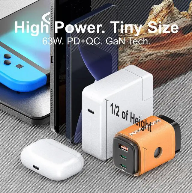 Alt view image 5 of 7 - VogDUO USB C Charger, 65W 3 Ports GaN, Fast Charging, Foldable Plug, Genuine Leather style, compatible with iPad, iPhone 13/13 Mini/13 Pro/13 Pro Max/12/11, Nintendo Switch, MacBook Pro