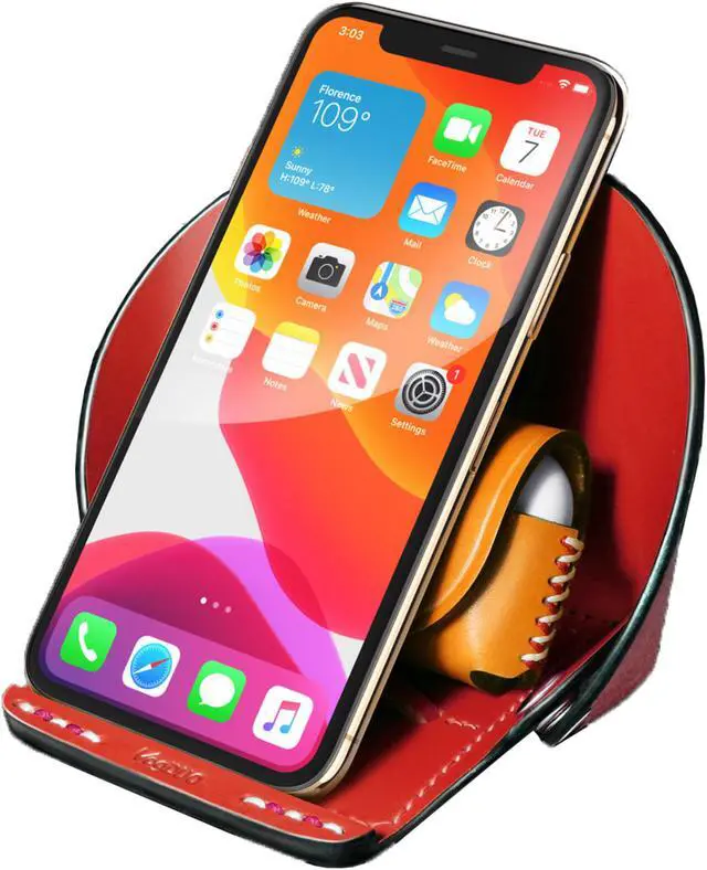 Main image of VogDUO- Genuine Leather Stand, smart-phone stand, MagSafe Charger cable-secured design, Foldable, lightweight, multi-angle, Compatible with iPhone 13, Google Pixel, Samsung Galaxy, Red