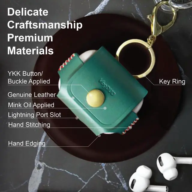Alt view image 2 of 5 - VogDUO- Italian Genuine Leather Case for AirPods Pro, portable carry case, Lightning port slot design, premium metal hook for the bag, keychain or jeans, YKK button applied- Emerald