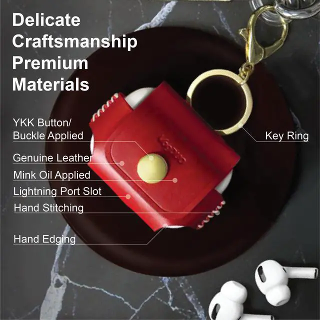 Alt view image 2 of 5 - VogDUO- Italian Genuine Leather Case for AirPods Pro, portable carry case, Lightning port slot design, premium metal hook for the bag, keychain or jeans, YKK button applied- RED