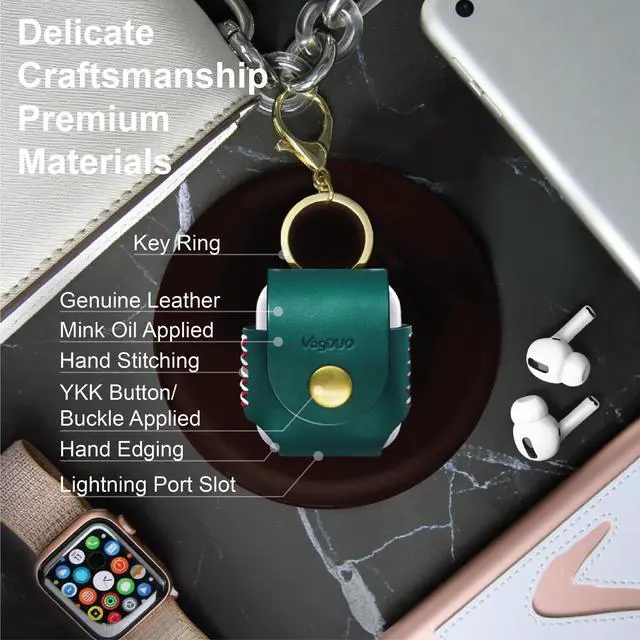 Alt view image 2 of 5 - VogDUO- Italian Genuine Leather Case for AirPods, portable carry case, Lightning port slot design, premium metal hook for the bag, keychain or jeans, YKK button applied- Emerald