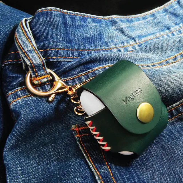 Alt view image 4 of 5 - VogDUO- Italian Genuine Leather Case for AirPods, portable carry case, Lightning port slot design, premium metal hook for the bag, keychain or jeans, YKK button applied- Emerald