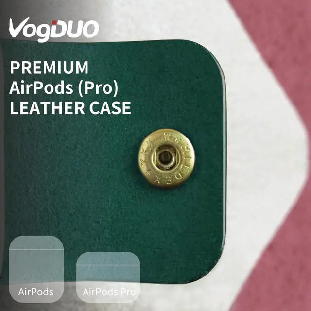 Alt view image 3 of 5 - VogDUO- Italian Genuine Leather Case for AirPods, portable carry case, Lightning port slot design, premium metal hook for the bag, keychain or jeans, YKK button applied- Emerald