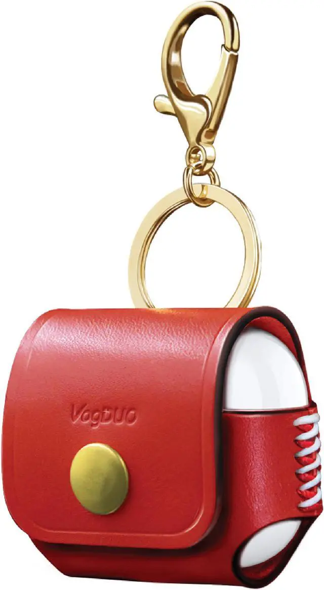 Main image of VogDUO- Italian Genuine Leather Case for AirPods Pro, portable carry case, Lightning port slot design, premium metal hook for the bag, keychain or jeans, YKK button applied- RED