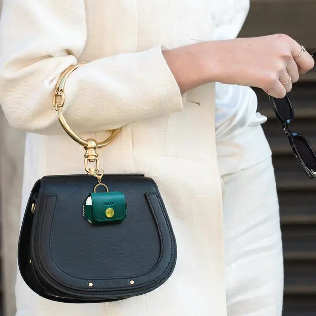 Alt view image 5 of 5 - VogDUO- Italian Genuine Leather Case for AirPods Pro, portable carry case, Lightning port slot design, premium metal hook for the bag, keychain or jeans, YKK button applied- Emerald