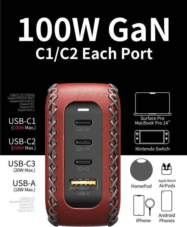 Alt view image 3 of 6 - VogDUO 100W USB C GaN Charger, 4 USB Charging Station, Multi-port Laptop Power Adapter, 5ft extension cable, Compatible with MacBook Pro/Air, iPad Mini/Pro, iPhone 13/13 Pro Max, Red