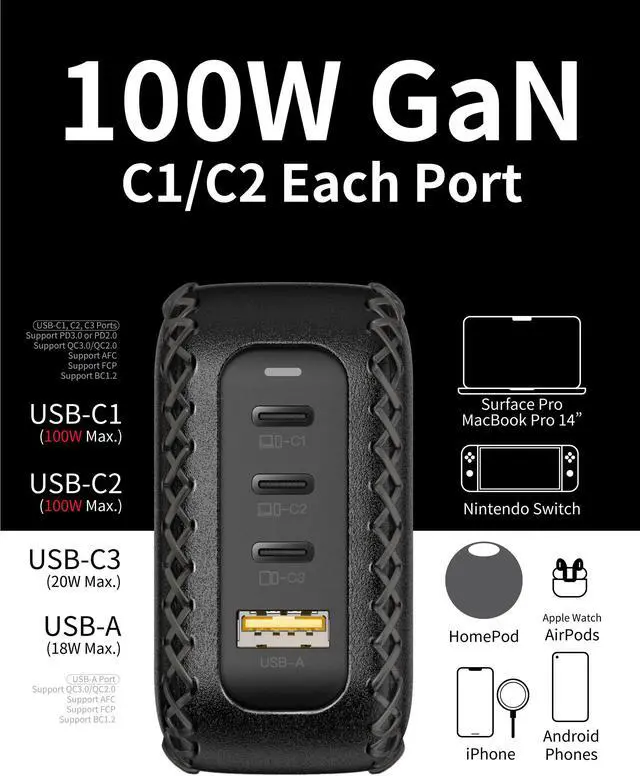 Alt view image 2 of 6 - VogDUO 100W USB C GaN Charger, 4 USB Charging Station, Multi-port Laptop Power Adapter, 5ft extension cable, Compatible with MacBook Pro/Air, iPad Mini/Pro, iPhone 13/13 Pro Max, Black