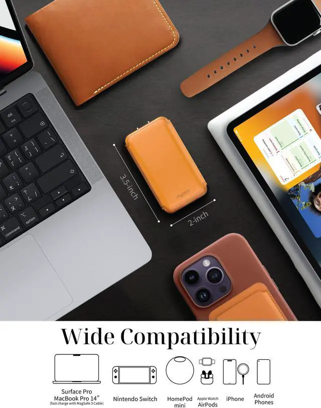 Alt view image 6 of 7 - VogDUO 65W USB C Wall Charger- Ultra-thin 2 Port Foldable Plug USB-C cable included GaN PD Fast Power Adapter with Leather for MacBook Pro, iPad Apple Watch, iPhone 14, 13, 12 (Tan Brown)