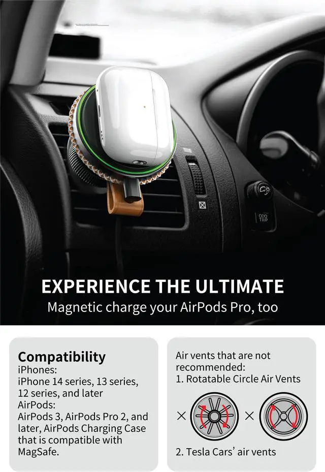 Alt view image 5 of 6 - VogDUO Wireless Leather Car Charger 15W Strong Magnetic Vent Mount- Including Extention Rack 3.3ft USBC Cable Dual 15W USB Ports for MagSafe iPhone 12, 13, 14, AirPods Pro 2 (Tan)