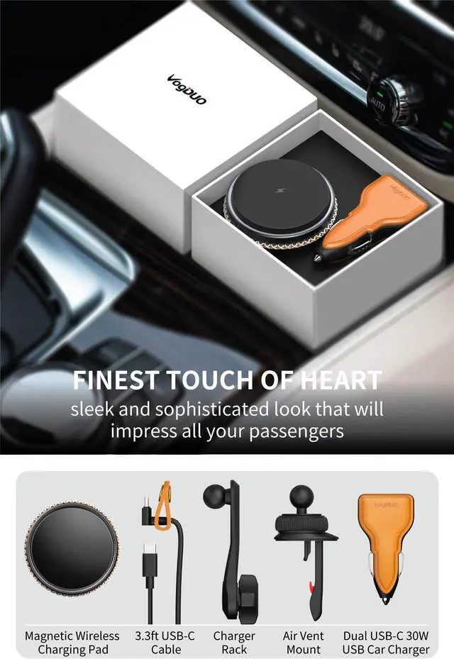 Alt view image 6 of 6 - VogDUO Wireless Leather Car Charger 15W Strong Magnetic Vent Mount- Including Extention Rack 3.3ft USBC Cable Dual 15W USB Ports for MagSafe iPhone 12, 13, 14, AirPods Pro 2 (Tan)