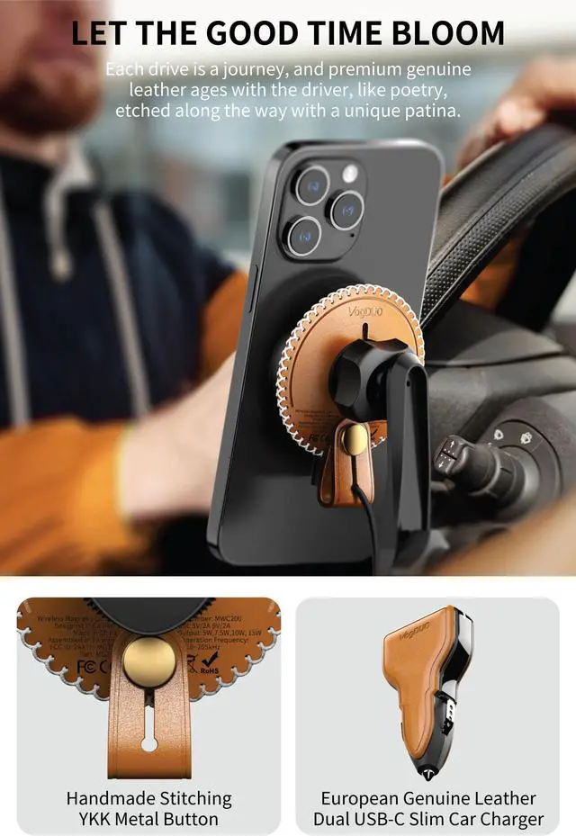 Alt view image 2 of 6 - VogDUO Wireless Leather Car Charger 15W Strong Magnetic Vent Mount- Including Extention Rack 3.3ft USBC Cable Dual 15W USB Ports for MagSafe iPhone 12, 13, 14, AirPods Pro 2 (Tan)