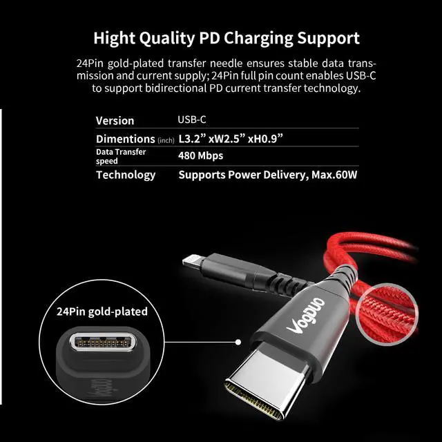 Alt view image 5 of 7 - VogDUO, MFi Certified, USB-C to Lightning Cable, 6ft, Durable and Fast Charging Cable, Reinforced Cable Joints, Tangle Resistant Design, for iPhone XR/Xs/ 11/11 Pro