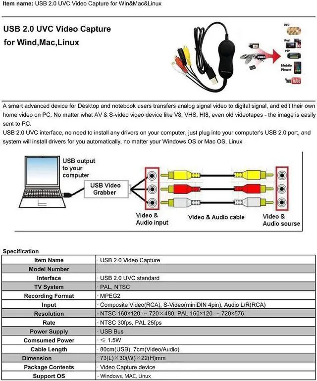 Alt view image 2 of 6 - Ezcap158 USB Audio Video Recording Card UVC Video Capture Convert Analog Video Audio to Digital format for XBOX VHS PS3